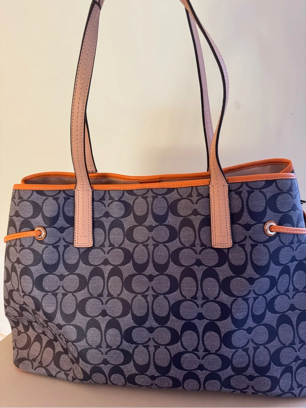 Coach Navy Signature Tote with Orange and Cream Center Stripe and Tan Handles
